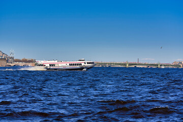 The meteor ship sails along the Neva River in St. Petersburg