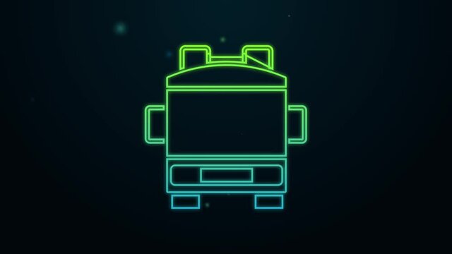 Glowing neon line Fire truck icon isolated on black background. Fire engine. Firefighters emergency vehicle. 4K Video motion graphic animation