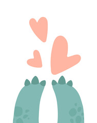 Cute poster with green dinosaur paws, and hearts. Delicate colors, dino in flat style, isolated on white background. Vector