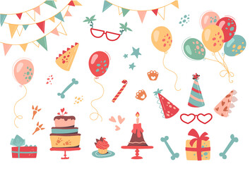 Festive set for birthday. Vector collection of hats, gifts, buntings, cakes, cupcakes, glasses and balloons. Dinosaur decorative elements, footprints and bones. - obrazy, fototapety, plakaty