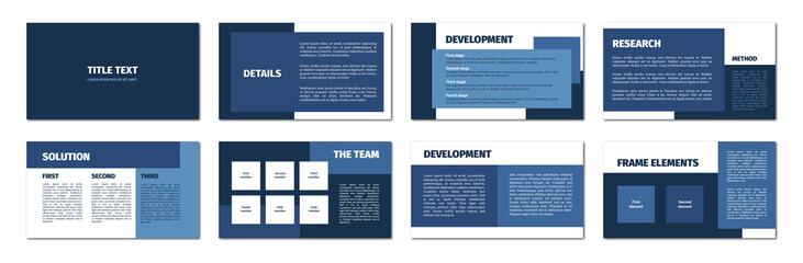 Presentation template. Blue rectangles flat design, white background. 8 slides. Title, detail, development, research, solution, team, frame, element.