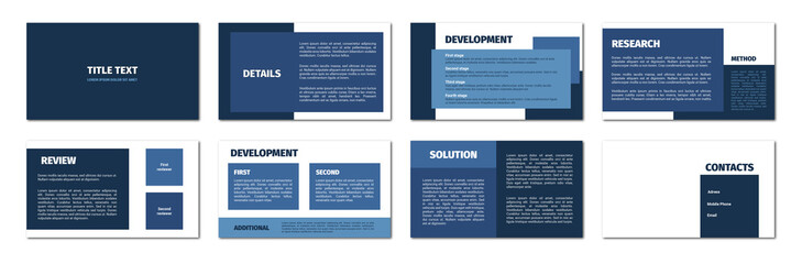 Presentation template. Blue rectangles flat design, white background. 8 slides. Title, detail, development, research, review, solution, contact.