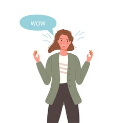 Surprised beautiful woman say wow with speech bubble. Portrait of character emotion girl waving with hand. Vector illustration