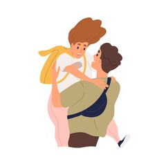 Couple of happy young man and woman hugging. Reunion, long-awaited meeting of best friends. Joyful teen boyfriend and girlfriend embracing. Flat vector illustration isolated on white background