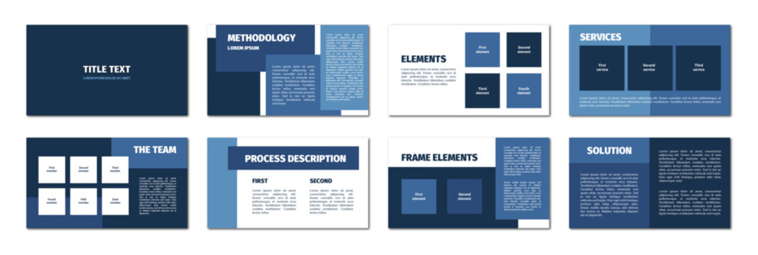 Presentation template. Blue rectangles flat design, white background. 8 slides. Title, methodology, element, service, team, process description, frame elements, solution.