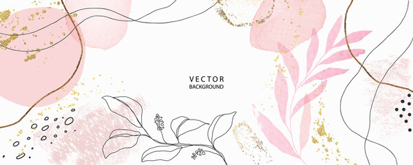 Fototapeta premium minimal background in pink flowers and tropical summer leaf with golden metallic texture gallery wall art vector 