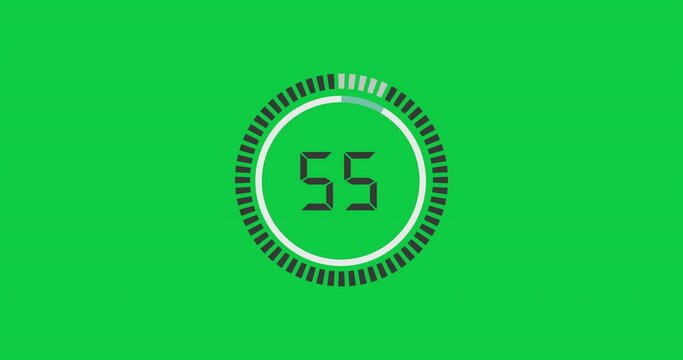 Countdown animation. A clock counts down from 60 seconds to zero. Green chroma key. Time video