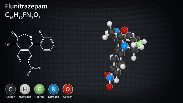 Flunitrazepam (Rohypnol) hypnotic drug molecule. Formula C16H12FN3O3. 3D render. Seamless loop. Chemical structure model: Ball and Stick.