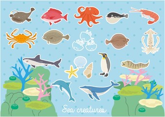 海の生き物のイラストセット（背景付）