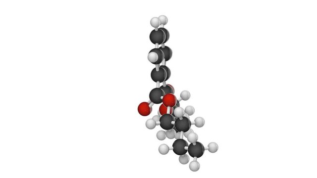 Molecular structure of Dibutyl phthalate. Other names: DBP, Butyl phthalate. Formula C16H22O4. 3D render. Seamless loop. Chemical structure model: Ball and Stick. White background