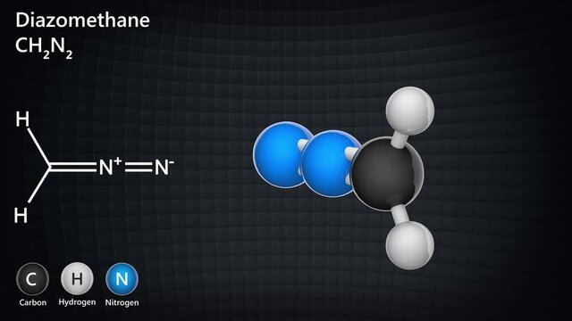 Molecular structure of Diazomethane. Other names: Azimethylene, Azomethylene, Diazirine. Formula CH2N2. 3D render. Seamless loop. Chemical structure model: Ball and Stick.