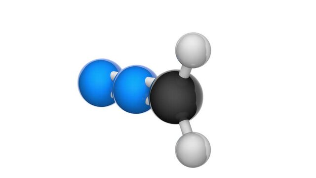 Molecular structure of Diazomethane. Other names: Azimethylene, Azomethylene, Diazirine. Formula CH2N2. 3D render. Seamless loop. Chemical structure model: Ball and Stick. White background