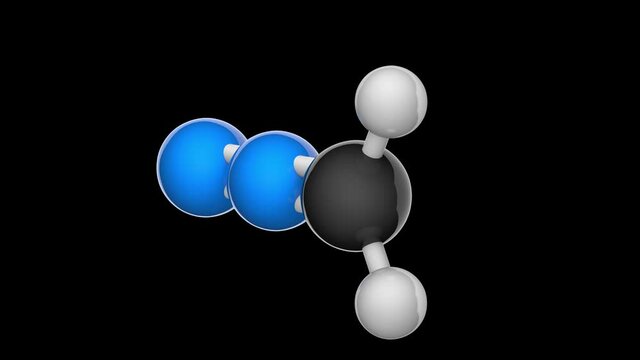 Molecular structure of Diazomethane. Other names: Azimethylene, Azomethylene, Diazirine. Formula CH2N2. 3D render. Seamless loop. RGB + Alpha (Transparent) channel