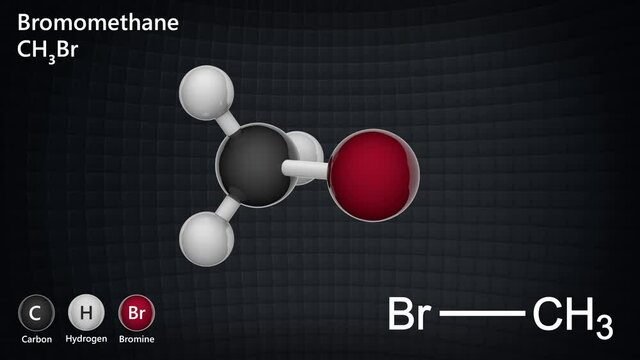 Molecular structure of Bromomethane (CH3Br) - pesticide, fumigant and soil sterilant. 3D render. Seamless loop. Chemical structure model: Ball and Stick.