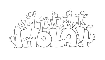 Spanish word hello with happy little people. © sapunkele