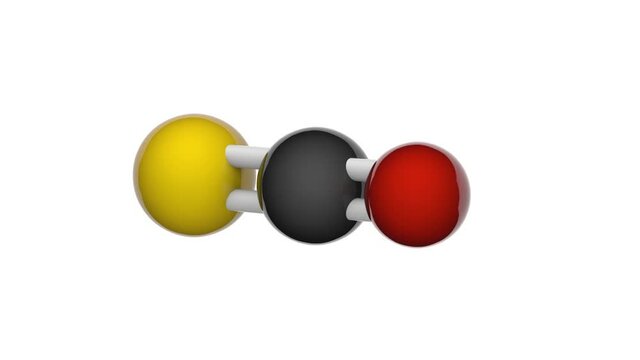 Molecular structure of Carbonyl sulfide (Carbon oxide sulfide or Oxidosulfidocarbon). Formula: COS. 3D render. Seamless loop. Chemical structure model: Ball and Stick. White background