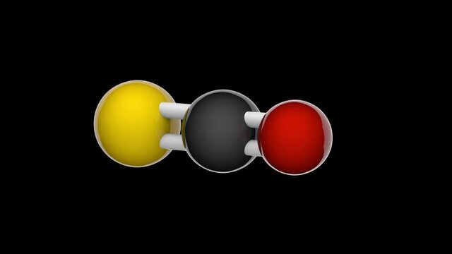 Molecular structure of Carbonyl sulfide (Carbon oxide sulfide or Oxidosulfidocarbon). Formula: COS. 3D render. Seamless loop. RGB + Alpha (Transparent) channel