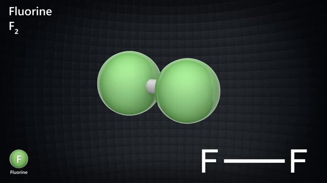 Fluorine is a chemical element with symbol F and atomic F2. Formula: F2. 3D render. Seamless loop. Chemical structure model: Ball and Stick.