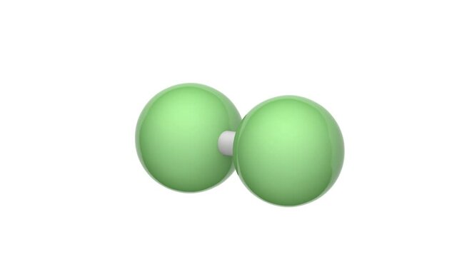 Fluorine is a chemical element with symbol F and atomic F2. Formula: F2. 3D render. Seamless loop. Chemical structure model: Ball and Stick. White background