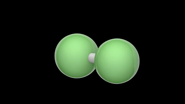 Fluorine is a chemical element with symbol F and atomic F2. Formula: F2. 3D render. Seamless loop. Chemical structure model: Ball and Stick. RGB + Alpha (Transparent) channel