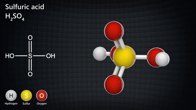 Sulfuric acid (Sulphuric acid or Battery acid) is a colorless oily liquid. Molecular formula: H2SO4. 3D render. Seamless loop. Chemical structure model: Ball and Stick.