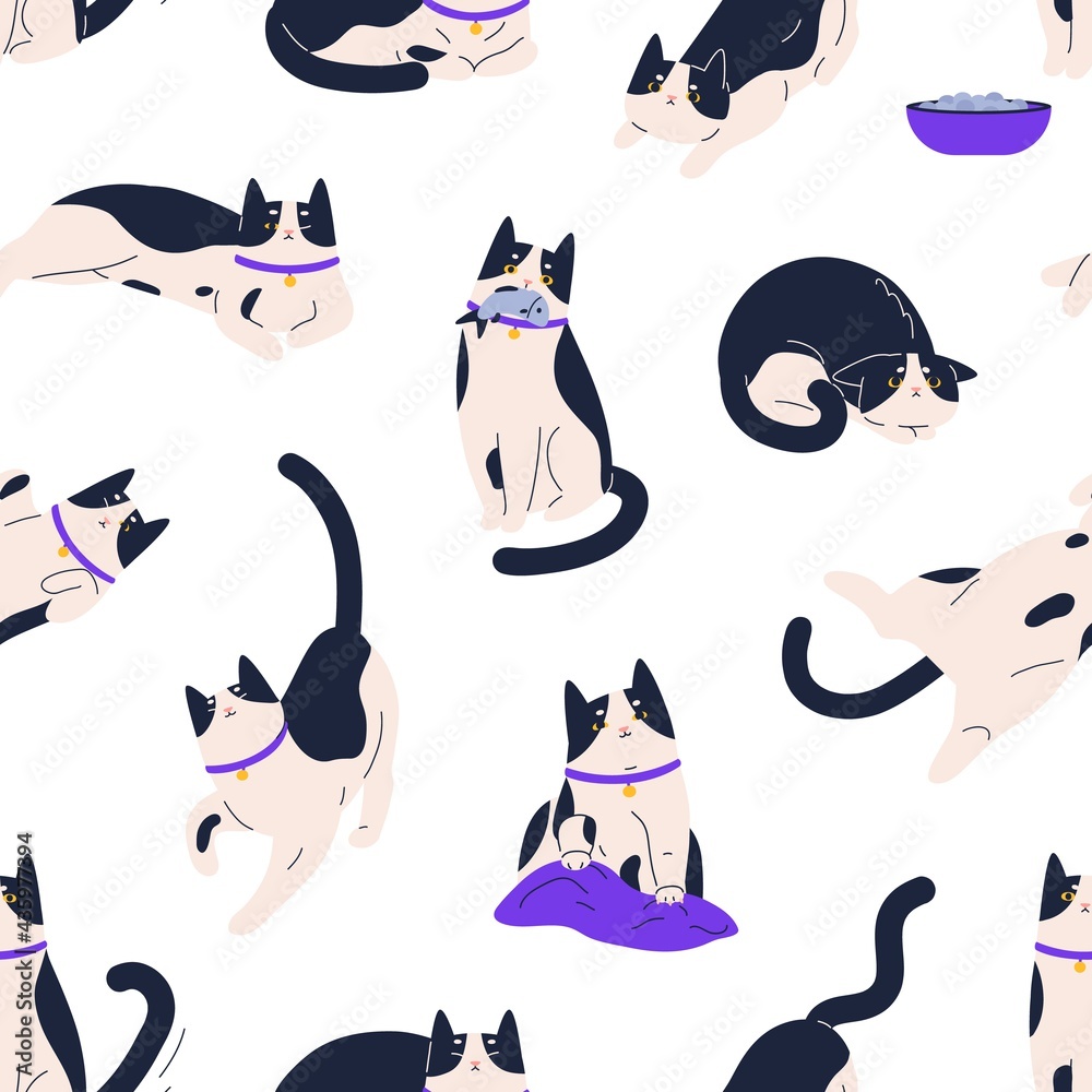 Fototapete seamless repeating pattern with cute funny cats on white background. endless repeatable texture with