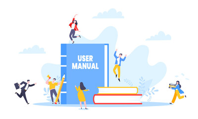 User manual guide book flat style design vector illustration. Tiny people and guidance manual instructions working together with guide book. Specifications user guidance document.