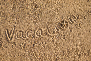 Word Vacation written in the sand on the beach.  Summer travel concept. Birds footprints on yellow sand.