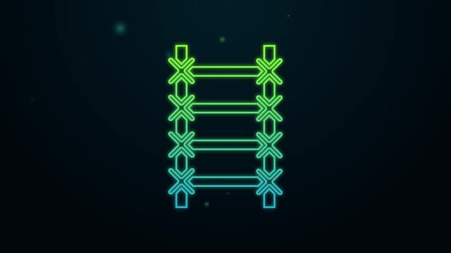 Glowing neon line Fire escape icon isolated on black background. Pompier ladder. Fireman scaling ladder with a pole. 4K Video motion graphic animation