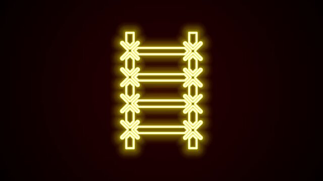 Glowing neon line Fire escape icon isolated on black background. Pompier ladder. Fireman scaling ladder with a pole. 4K Video motion graphic animation