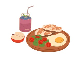 Healthy food for breakfast or lunch. Toasts with salmon slices, fried egg, fresh vegetables on wooden board, apple and berry smoothie. Colored flat vector illustration isolated on white background