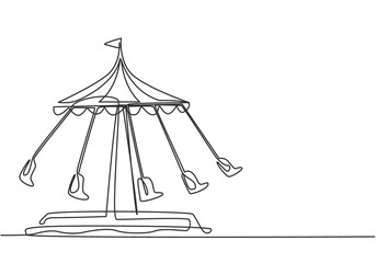 Continuous one line drawing of a wave swinger in an amusement park with five seats and a flag above tent. Passengers can swing around in the sky. Single line draw design, vector graphic illustration