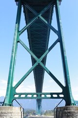 Low angle view of Lions Gate Bridge, Vancouver, BC, Canada