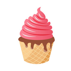 colorful refreshing ice cream in a waffle cup. Vector illustration. Gelato. Delicious frozen dessert. Cupcake