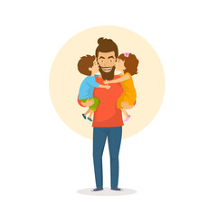 children, boy and girl, daughter and son kissing  hugging their father, happy fathers day congratulations vector illustration