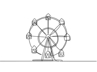 Deurstickers Continuous one line drawing of a ferris wheel in an amusement park, a circular circle turning high in the sky. Fun play at public funfair festival. Single line draw design vector graphic illustration © Simple Line