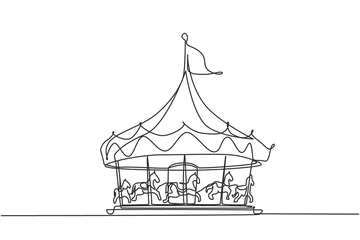 Deurstickers Continuous one line drawing horse carousel in an amusement park spinning under a large tent with a flag on it. Recreation that children love. Single line drawing design vector graphic illustration © Simple Line