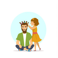 funny cheerful father and daughter party time scene, girl is making hair makeup nails, manicure and pedicure for dad, happy fathers day humor vector illustration