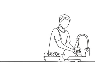 Single continuous line drawing a man washes fruits in the sink from the germs that stick to clean. Cleaned with water to make it hygienic. Dynamic one line draw graphic design vector illustration.