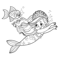 Cute little mermaid girl in coral tiara swims racing with a fish outlined for coloring page isolated on white background