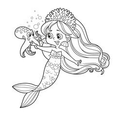 Cute little mermaid girl in coral tiara talks with a small octopus outlined for coloring page isolated on white background © Azuzl