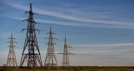 Powerful lines of electric gears.Electric power industry and nature concept.High voltage power...