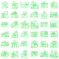 House icon set of rough line art, point, green