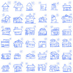 House icon set of rough line art, sun, blue