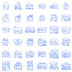House icon set of rough line art, one line, blue