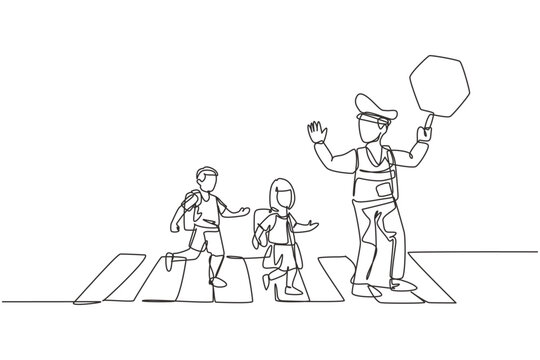 Continuous One Line Drawing Of Primary School Students Crossing The Road On The Zebra Crossing Are Helped By Traffic Police Holding Stop Signs. Single Line Draw Design Vector Graphic Illustration.