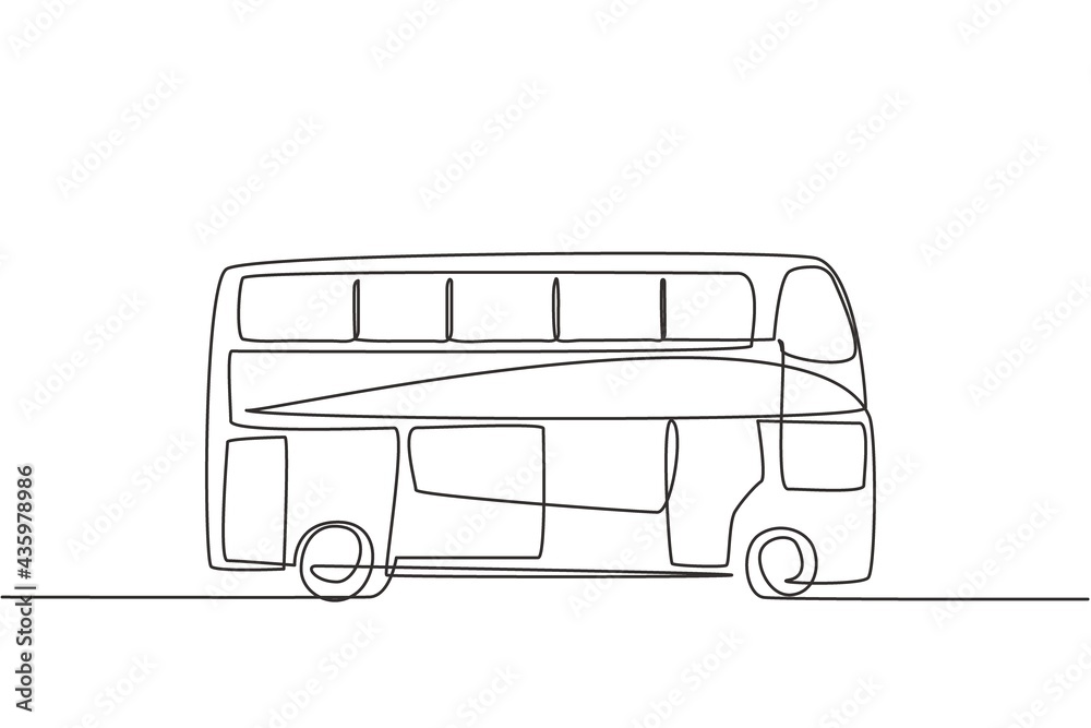 Wall mural single continuous line drawing double decker buses that are seen from the side, serve tourists to go