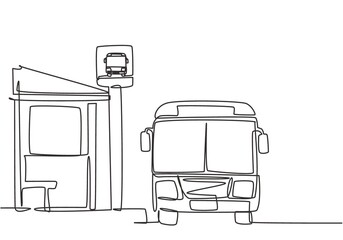 Single one line drawing of bus stop with shelter, simple bus sign and a bus waiting for passengers to get on and off, then continue the journey. Continuous line draw design graphic vector illustration © Simple Line