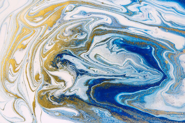 Blue and gold marble imitation artwork background. Liquid navy print pattern. Wave illustration.