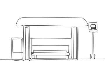 Single one line drawing of bus stops with shelter, simple bus signs and trash cans located on the side of urban roads where passengers get on and off. One line draw design graphic vector illustration. © Simple Line